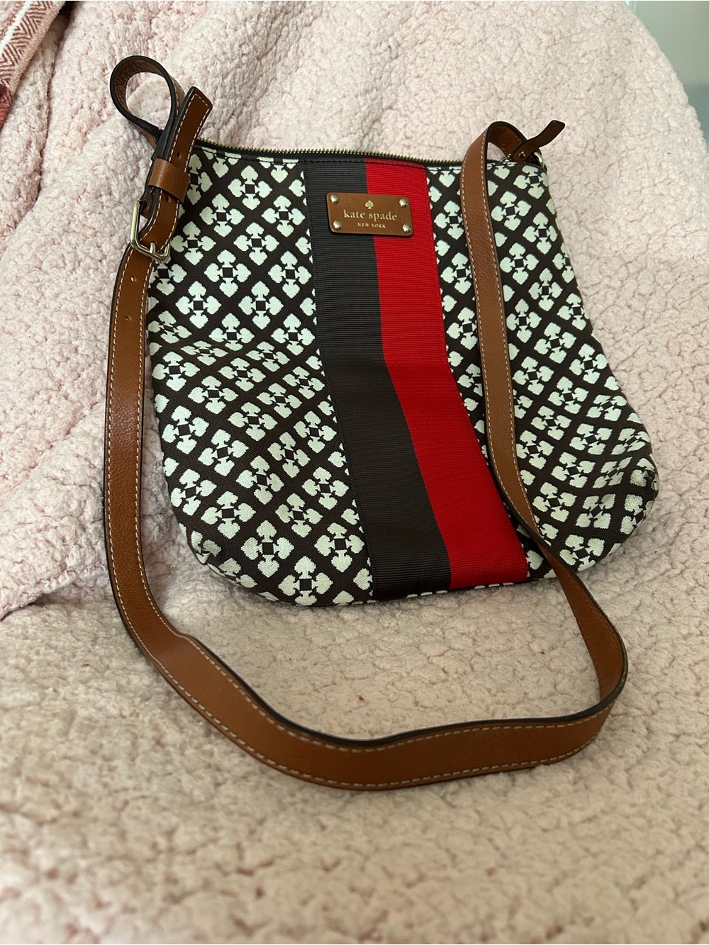 kate spade Brown & White Pattern Crossbody with Red Stripe